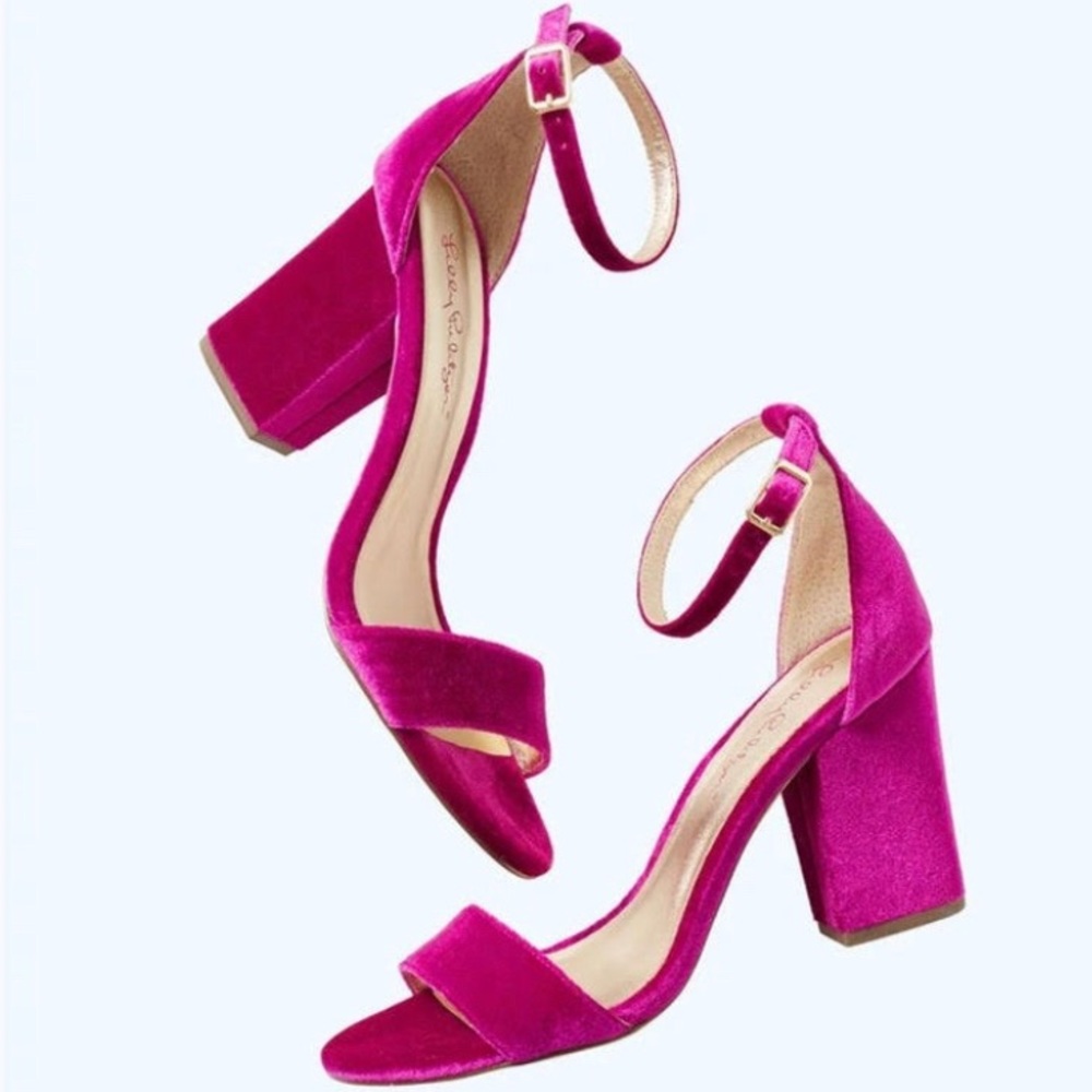Pink suede sandal heels!